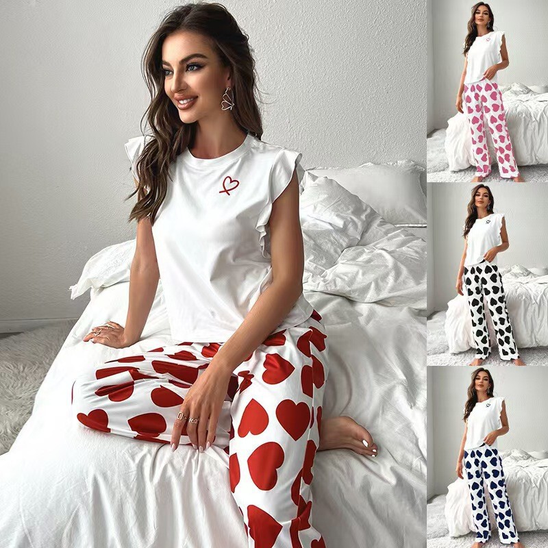Cross-border summer women's wearable fly-sleeve T-shirt and long pants pajama set, milk silk heart print, casual home wear
