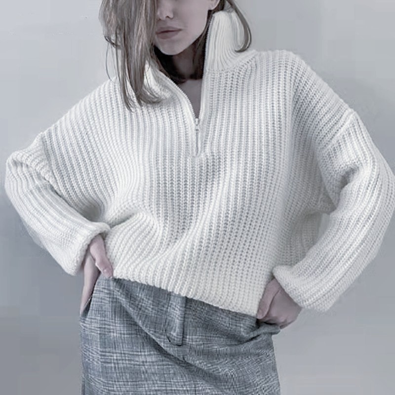 2024 Nuovo maglione da donna tinta unita con cerniera lavorato a maglia a metà collo alto con cappuccio casual largo_voghion.com