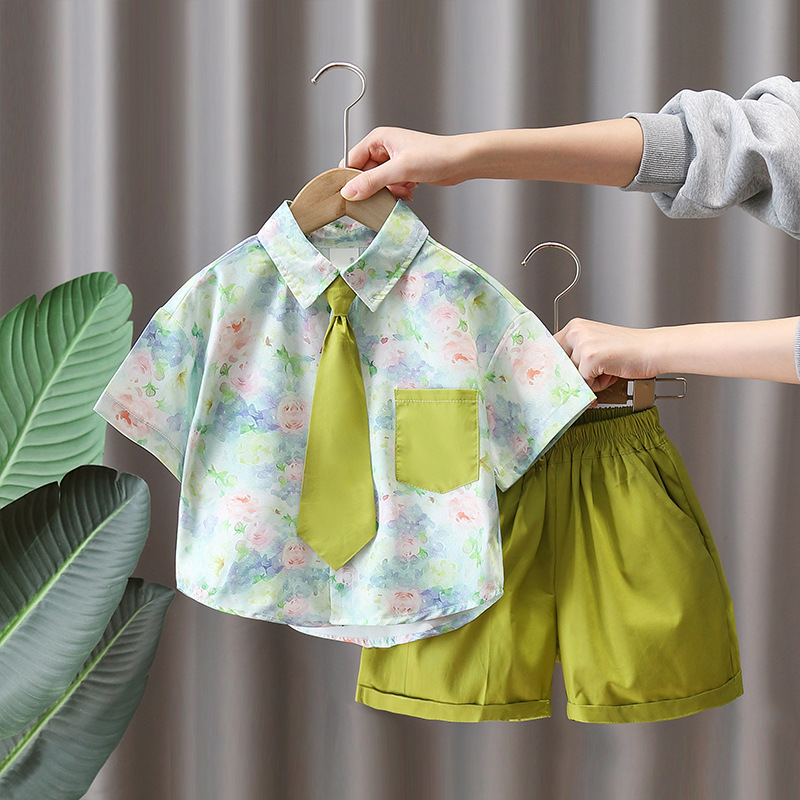 7878 Camisa de flores para niños, camisa de manga corta de verano para niños, pantalones cortos, ropa de verano de dos piezas, ropa de calle frita