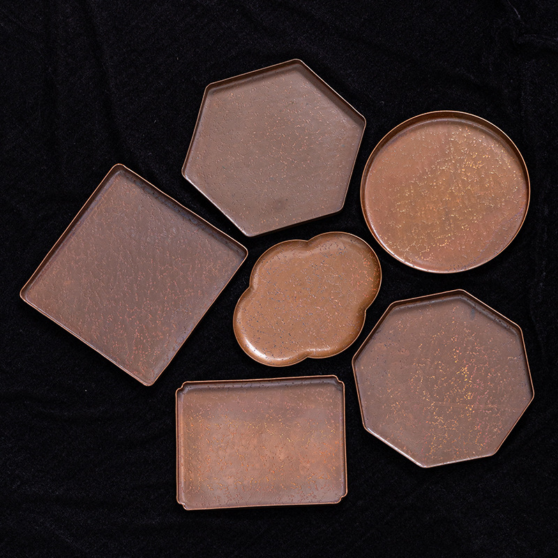 紫铜锤纹壶承茶托 壶托茶盘建水干泡壶垫功夫茶台 日式复古点心盘