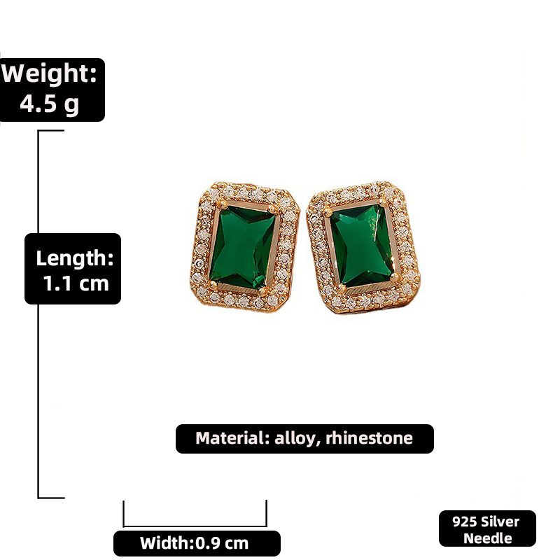 5g Weight Artificial Gemstones Inlay Material Earrings Classification Housewarming, Anniversary, Business, Wedding, Travel, Birthday, Festival Occasion Rhinestone Material Geometric Pattern Women'S Gender Fashion Style Green, Silver Color Retro Red Green Rhinestone Square Earrings Wholesale Nihaojewelry 1