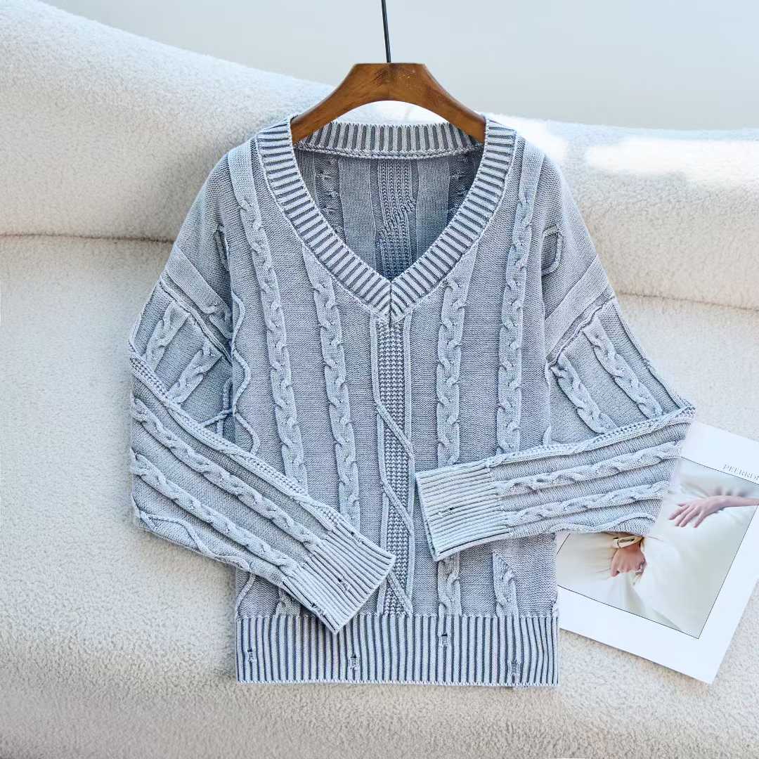 Coreano retro torcido cuello en V manga larga camiseta de punto suelta nuevo otoño y invierno hacer viejos agujeros suéter mujer ropa exterior image 7