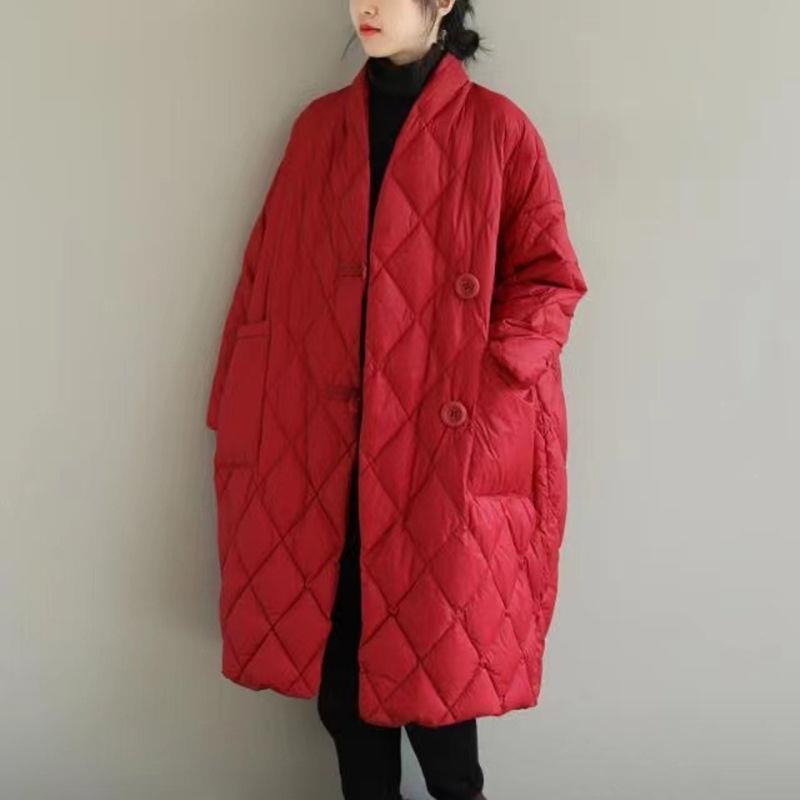 Plus size women's autumn and winter loose artistic stand collar solid color line-pressing plaid mid-length thin warm down jacket