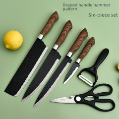 New Style Hammer Texture Six-Piece Set Black Steel Forged and Painted Stainless Steel Kitchen Knife Set with Wrapped Handles Gift Boxed