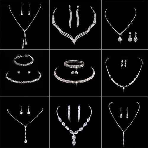 Whole network wholesale set, fashionable bright full diamond zircon water drop necklace and earrings, bridal wedding jewelry for women