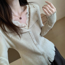 甜美气质细羊毛蕾丝假两件针织衫女秋冬新款休闲内搭打底衫上衣潮