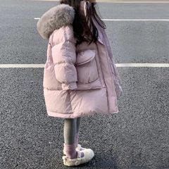 Feminine and stylish faux fur hooded down cotton coat for children, 2024 new thick warm outerwear