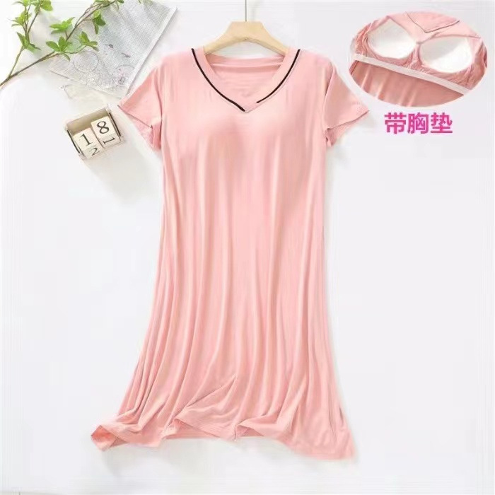 Camisón de manga corta de verano con almohadilla de pecho de la niña de color sólido lindo dulce ropa exterior suelta vestido homewear