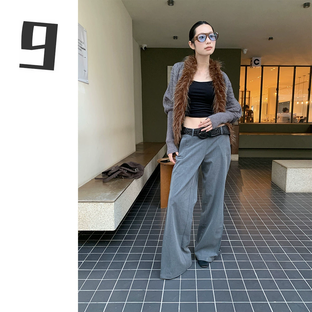 [9hour] Женские плиссированные костюмные брюки в американском стиле, весна-лето 2025, слегка расклешенные брюки с низкой талией для женщин 7082, высококачественные слегка расклешенные брюки