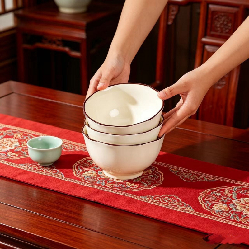 Underglaze painted bowl and plate set with cream-colored outlines, thickened for home use, suitable for housewarming, stylish and minimalist design Underglaze painted bowl and plate set with cream-colored outlines, thickened for home use, suitable for housewarming, stylish and minimalist design