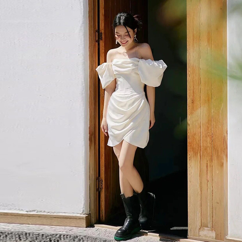 French style light wedding dress bride elegant simple outdoor yarn small satin off-shoulder short license engagement dress