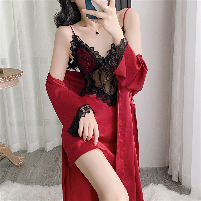 French Sexy Pajamas for Women, Ice Silk Summer Thin Lace Cut Out Suspender Nightgown with Breast Pads, High-End Home Wear