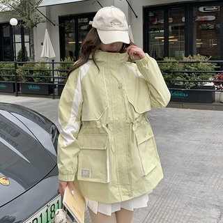 2024年秋季女新款连帽工装撞色派克冲锋衣时尚连帽中长款外套