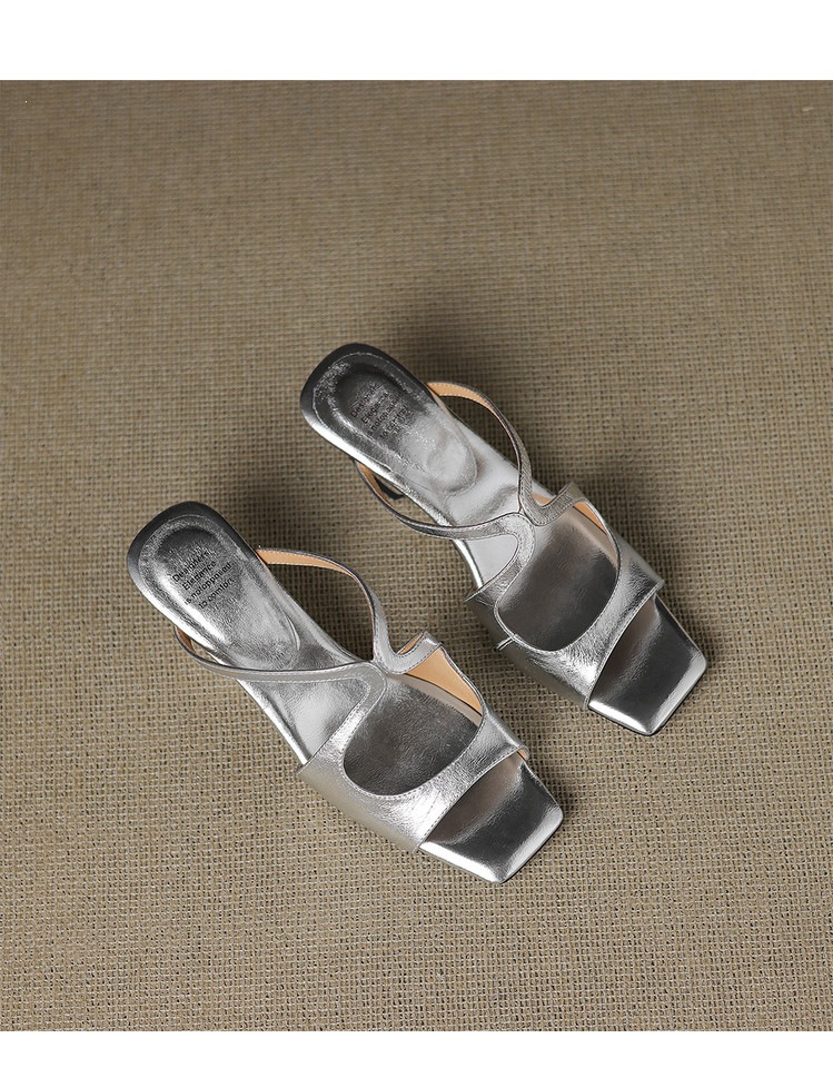 Sandal nữ da bò mũi vuông hở ngón gót lạ mắt — màu đen, màu trắng ngà, bạc chi tiết 19