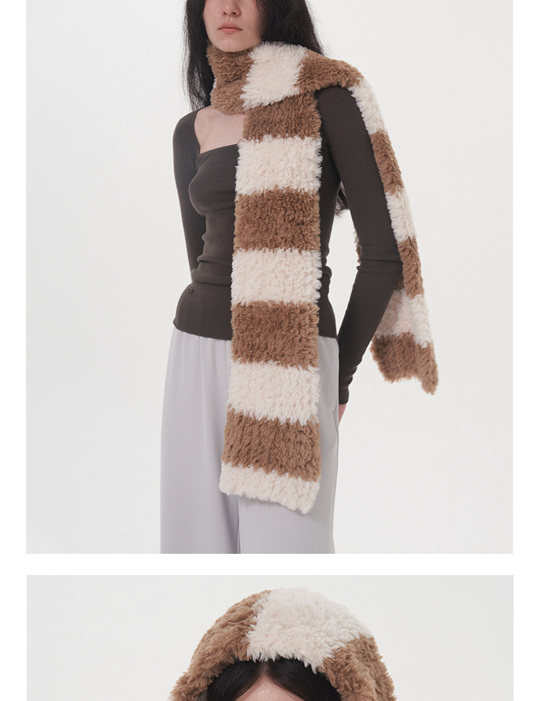 Women's Scarves Soft striped two-color plush scarf for women winter new warm thickened versatile cute knitted scarf scarf_voghion.com