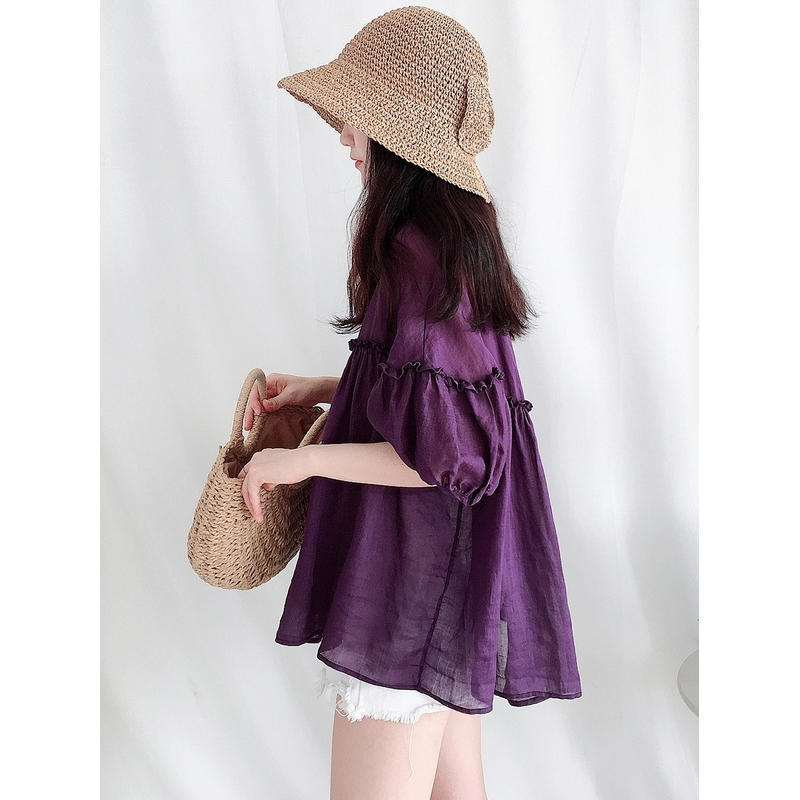 Baby Doll Top Korean Style Summer Short-Sleeved Loose Sweet Western Style Lace A-Line Fluffy Ramie Shirt Women's Age-Reducing Thin Baby Doll Top Korean Style Summer Short-Sleeved Loose Sweet Western Style Lace A-Line Fluffy Ramie Shirt Women's Age-Reducing Thin
