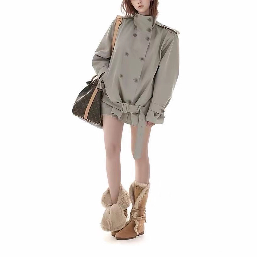 Soft Silhouette Lake Gray Loose Stand Collar Short Windbreaker Jacket for Women in Autumn