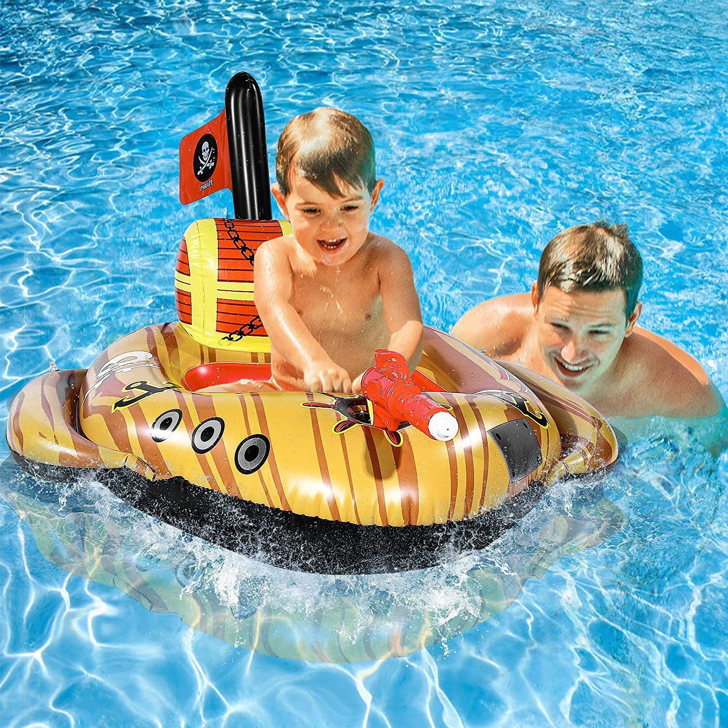 跨境新款 充气喷水海盗船 儿童戏水小汽车充气水上玩具坐圈游泳圈详情4