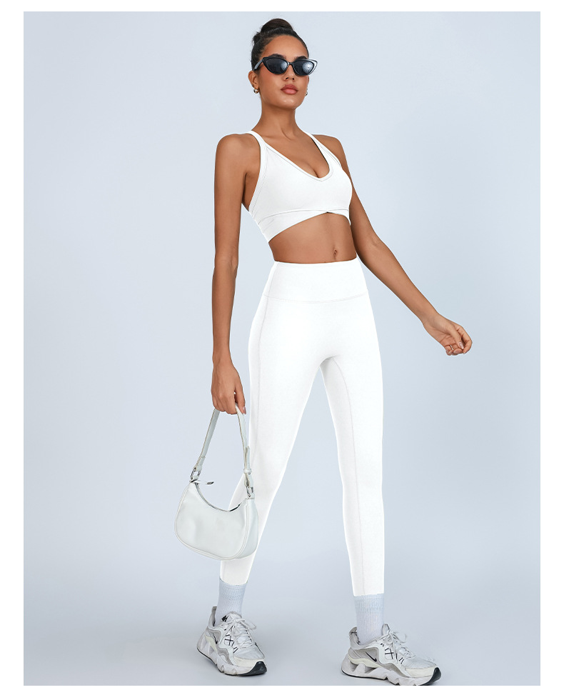 Traje de yoga transfronterizo de comercio exterior europeo y americano, chaleco con almohadilla para el pecho en V profundo, alta elasticidad, secado rápido, ejercicio de cintura alta, fitness de dos piezas