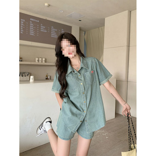 H2C Plus Size Women Clothes 2025 Thin Fashion Short Sleeve Denim Shirt Thin Outerwear + High Waist Wide Leg Shorts Two-Piece Suit