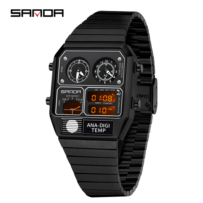 SANDA SANDA 3192 reloj electrónico de acero cuadrado reloj electrónico de temperatura cronómetro nocturno multifuncional