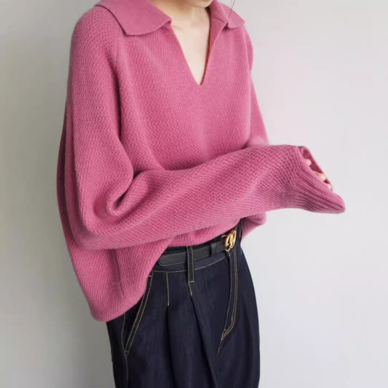 Vintage Dry Rose V Lel Loose Long Sleeve Sweater Merino Wool Gentle Waffle Pattern