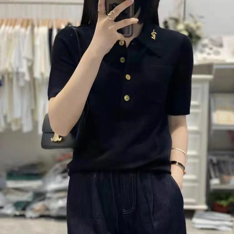 Polo Collar Knitted Shirt 2025 Summer New Style Women's New Style Slim Short-Sleeved Wool Half-Sleeved Top Elegant Lapel