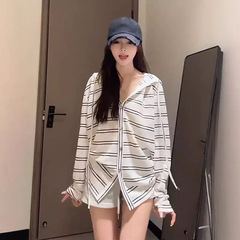 港味冷感长袖连帽条纹开衫T恤女夏季韩系慵懒薄款防晒衣上衣外套