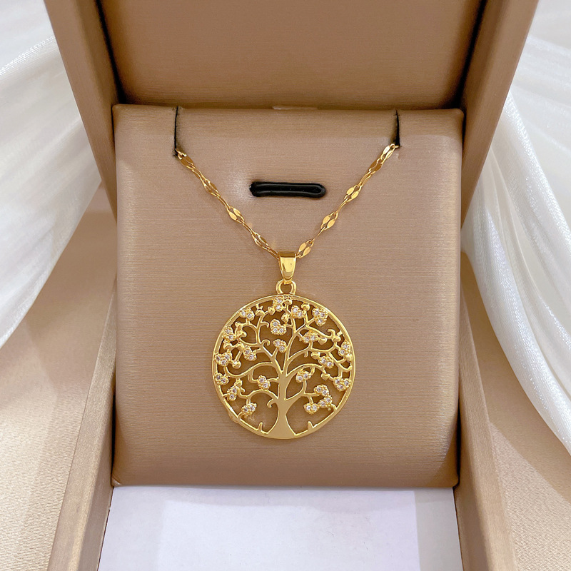 Fashion Round Tree Titanium Steel Copper Zircon Pendant Necklace In Bulk display picture 3