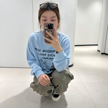 大码无帽上衣服淑女圆领卫衣女装简约通勤美式复古涂鸦打底衫嘻哈