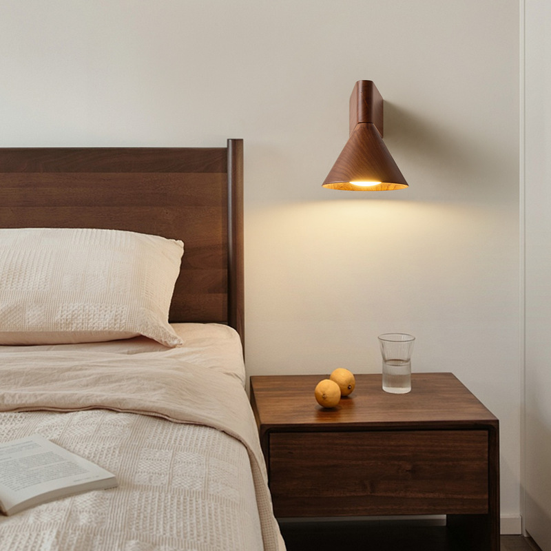 Cross-Border Mid-Century Style Wall Lamp Minimalist Cone Bedroom Bedside Lamp Walnut Designer Living Room Background Wall Aisle Lamp