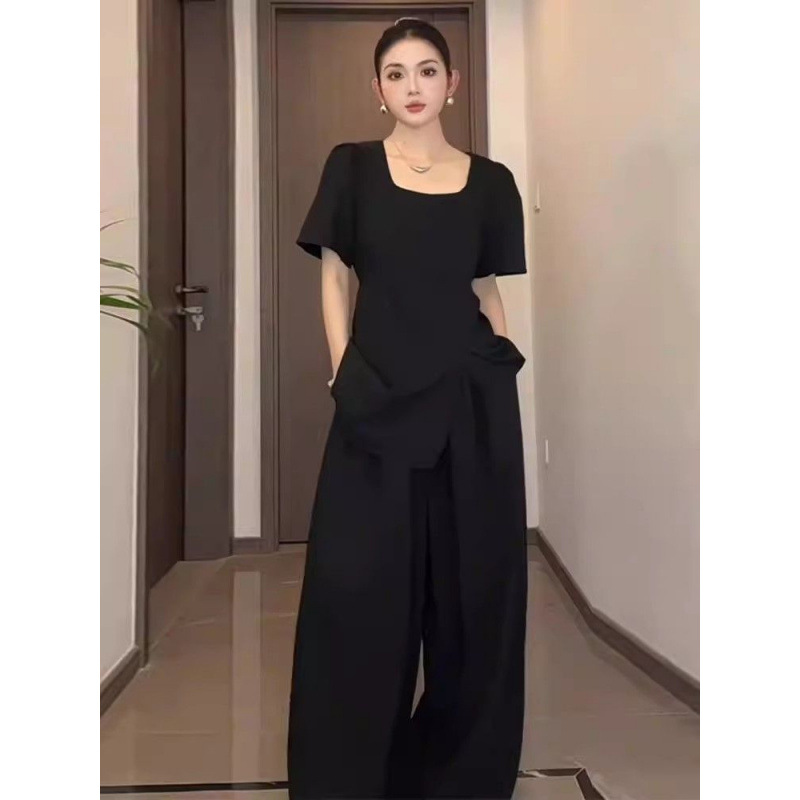 여름에 뚱뚱한 여성을 위한 플러스 사이즈 캐주얼 패션 햅번 슈트, 슬리밍 하이엔드 티셔츠 탑, 와이드 팬츠 투피스 세트