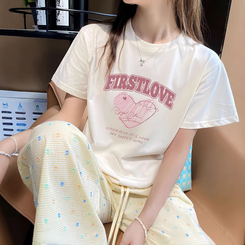Pure Cotton Short-Sleeved T-Shirt for Women in Summer Korean Style Loose Round Neck Foreign Style Printed Versatile Ins Style Tops Trendyy Women's Clothing
