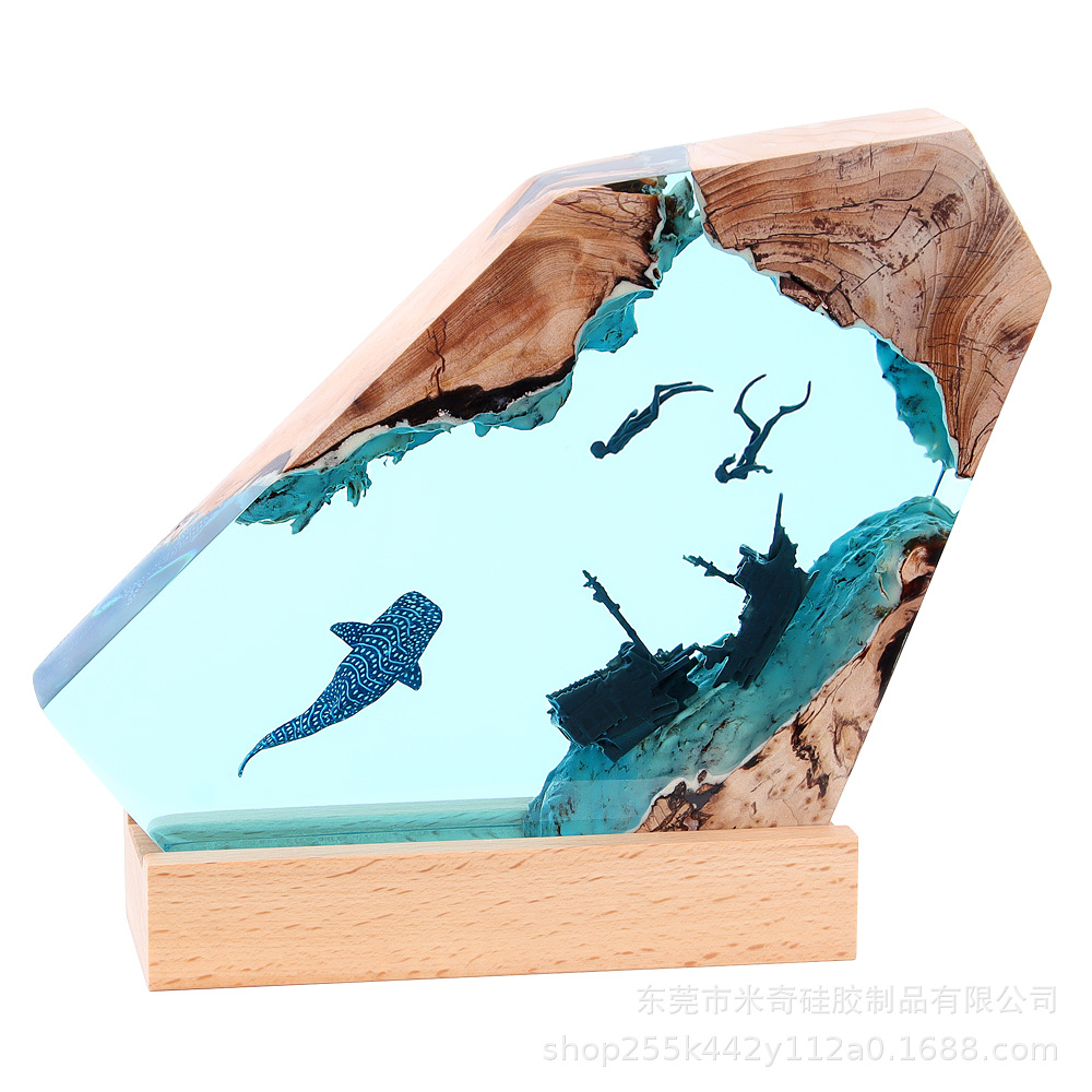 家庭装飾品寝室オフィスデスクトップ沈船サメクジラ海洋芸術置物プレゼント実木樹脂ナイトライト