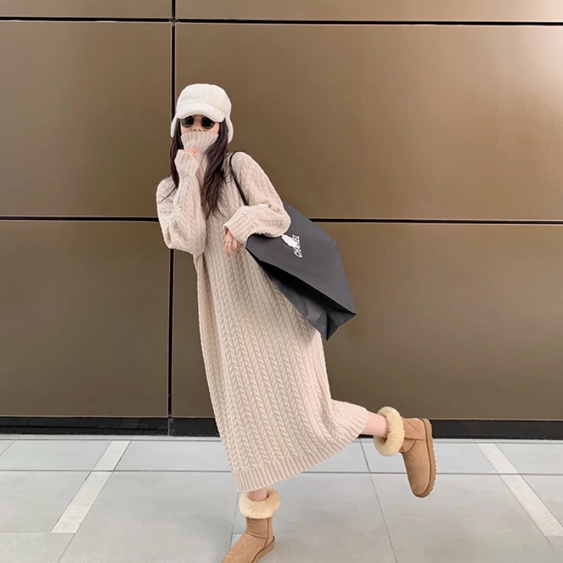 New Autumn and Winter High-Neck Twist Cashmere Knitted Dress for Women over the Knee Loose Bottoming Sweater Long Lazy Thickeneded New Autumn and Winter High-Neck Twist Cashmere Knitted Dress for Women over the Knee Loose Bottoming Sweater Long Lazy Thickeneded