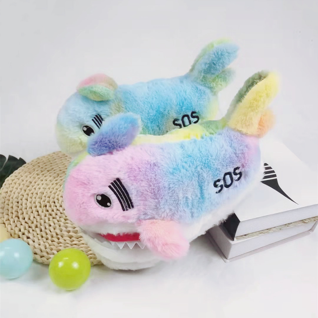 Pantofole di peluche con testa di squalo, suola spessa, 3D, per interni, calde, casa, cartone animato, scarpe di cotone_voghion.com