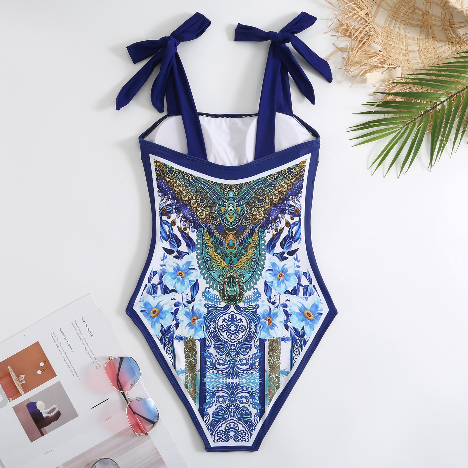 Retro Badeanzug Mit Rock Und Hohem Kragen Damen Blumenmuster_voghion.com