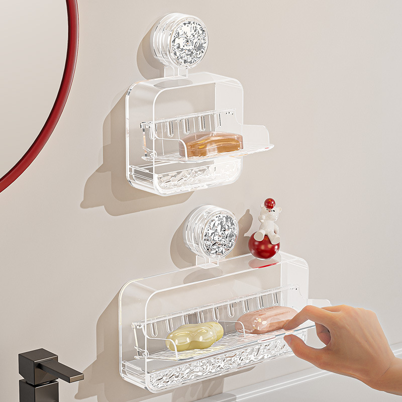 Caja de jabón con ventosa Caja de jabón sin perforación montada en la pared Estante de almacenamiento Baño doméstico con tapa Mesa de lavado de drenaje