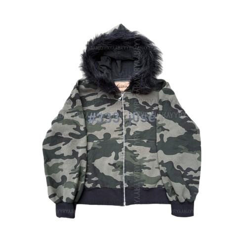 Punk Camouflage Plush Hat with Zipper Sweatshirt and Sweatpants Set Long-Sleeve Hooded Sweatshirt Retro Jacket