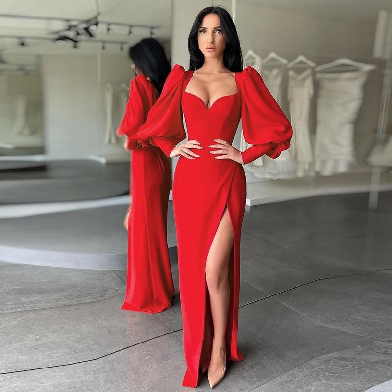 Party Dress Sexy Deep V Long Sleeve Solid Color Maxi Long Dress Banquet Party display picture 1