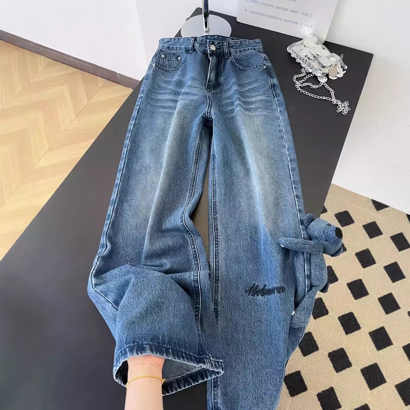 Women's High-Waisted Slimming Wavy Washed Denim Jeans Casual Loose Wide Leg Floor-Length Trousers With Letter Embroidery American Retro Summer Style_mkmklike.com