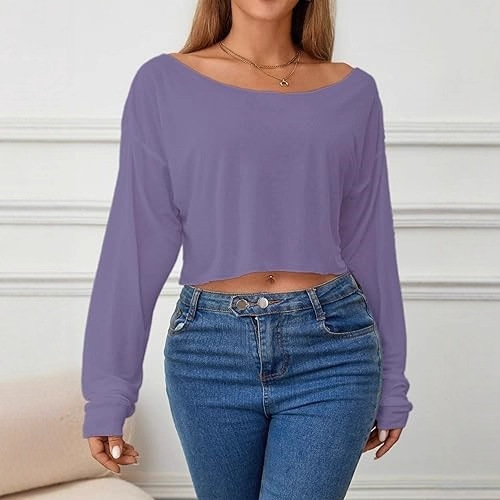 Women's Off-Shoulder Mesh Crop Top Transparent See-Through Long Sleeve Sexy Casual Wear Suitable for Spring and Autumn