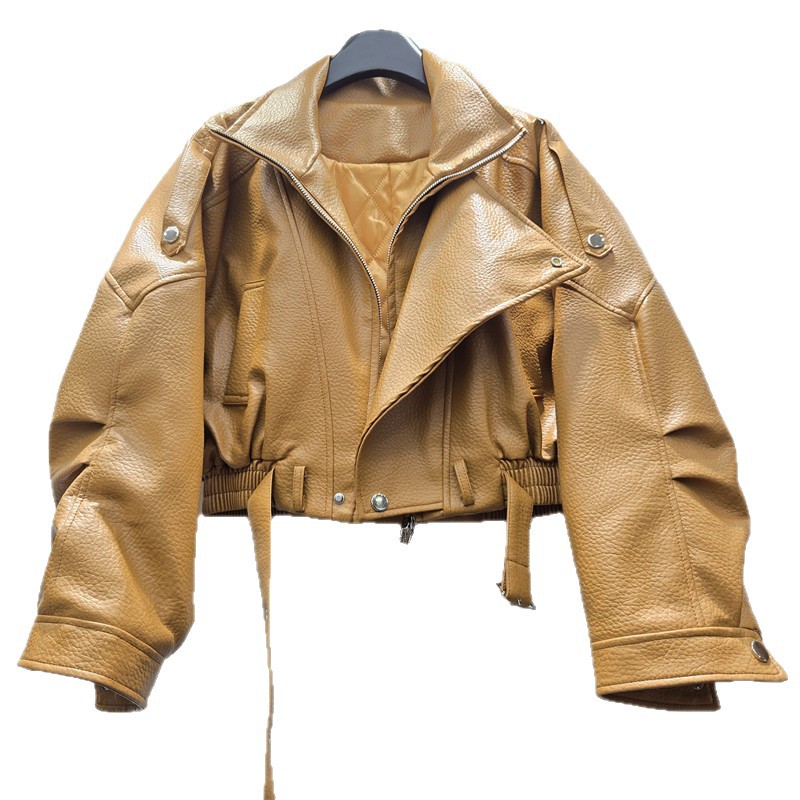 Moda coreana temperamento casual universal con solapa PU chaqueta de cuero de invierno de alta calidad chaqueta de locomotora de viento fresco chaqueta de algodón corto image 5