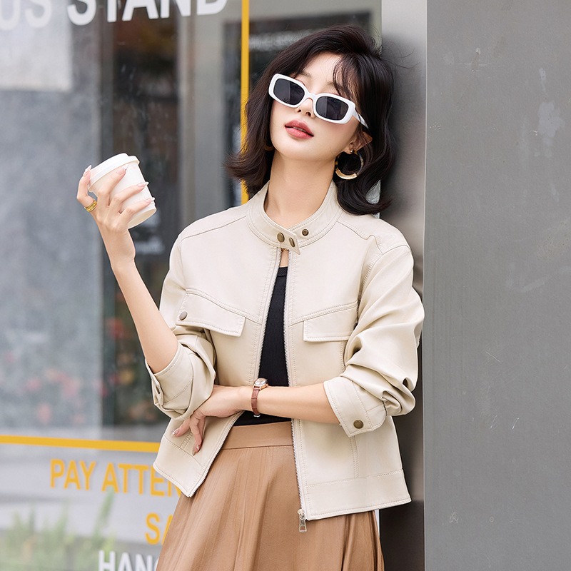 Haining Leather Jacket for Women, Short Style, Slim Fit, Stand Collar, Spring and Autumn Leather Jacket, Sheepskin Coat, Slim Fit Top