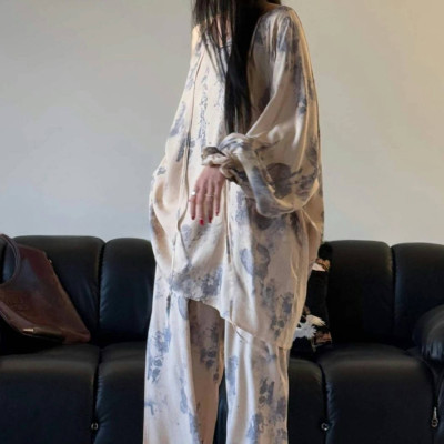 [Spot Clear] Nuevos pantalones anchos chinos de seda de algodón, pantalones de pijama perezosos de cintura alta rectos sueltos de primavera y verano para mujer