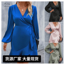 夏季V领色丁连衣裙 缎面收腰低胸中长裙外贸亚马逊跨境欧美风女装