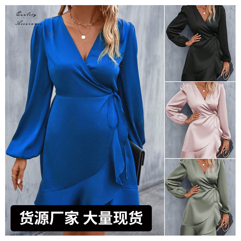 夏季V领色丁连衣裙 缎面收腰低胸中长裙外贸亚马逊跨境欧美风女装