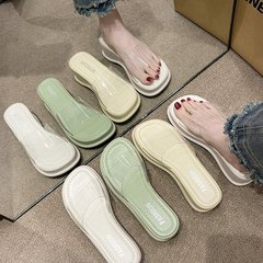法式坡跟涼拖鞋女2024夏季新款外穿厚底中跟高級感透明帶一字拖鞋