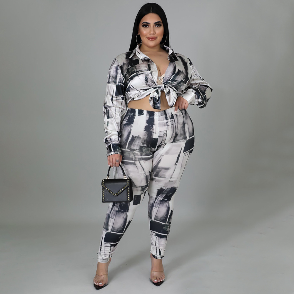 plus size printing long-sleeved shirt and high waist slim pants two-piece set NSLNW137049