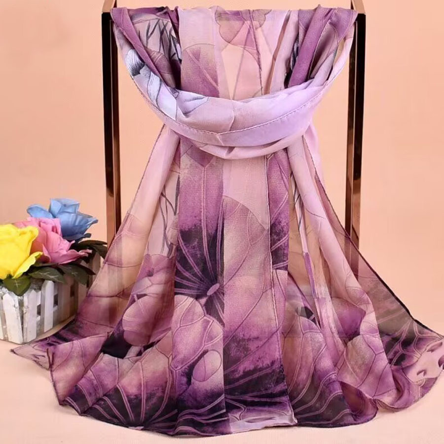 New Chiffon Long Scarf, Small Printed Gauze Scarf, Thin Spring and Autumn Lotus Scarf, Wholesale Small Silk Scarf for Middle-Aged and Elderly